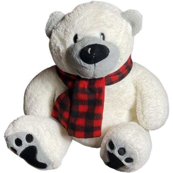 White Polar Bear Holiday Teddy Bear Checkered Scarf Plush Toy 15" - Picture 2 of 5
